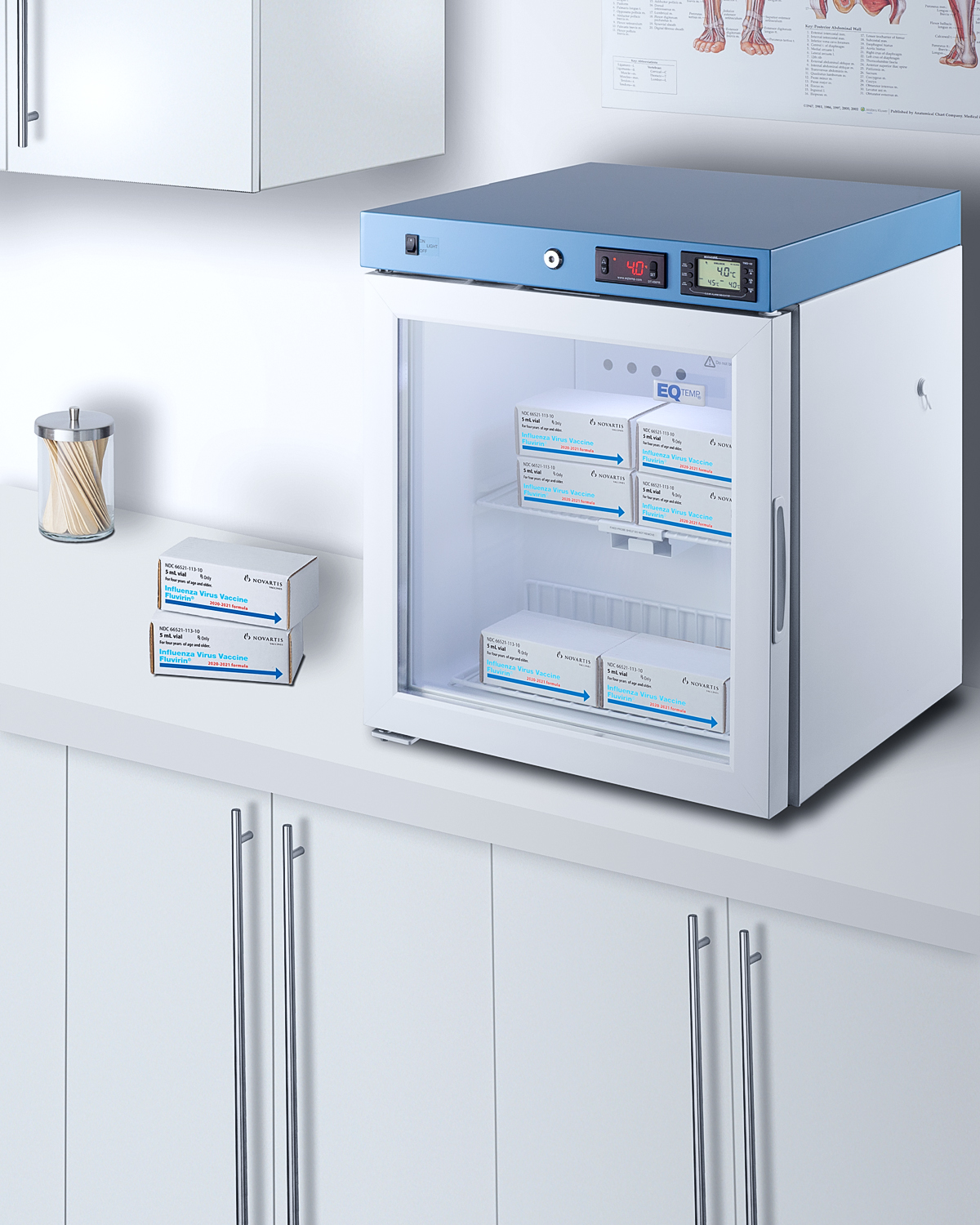 Compact healthcare all-refrigerator with self-closing glass door, front lock, digital controls, and external temperature readout